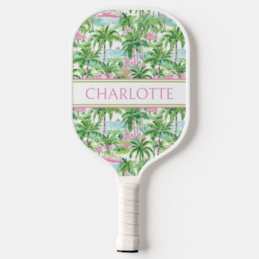 Preppy roze en groene palmbomen Monogram Pickleball Paddle (Achterkant)