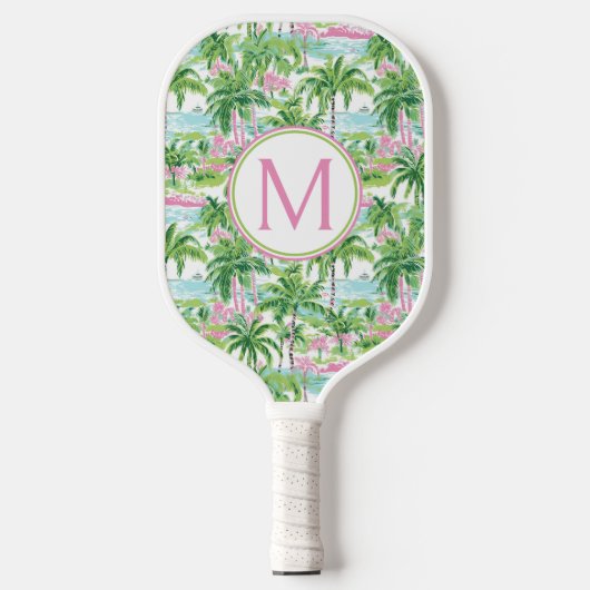 Preppy roze en groene palmbomen Monogram Pickleball Paddle (Voorkant)