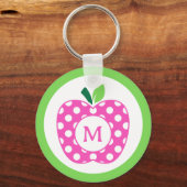 Preppy Roze en Groene Polka Dot Apple Monogram Sleutelhanger (Voorkant)