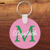 Preppy Roze en Groene Stippen Monogram Sleutelhanger (Voorkant)