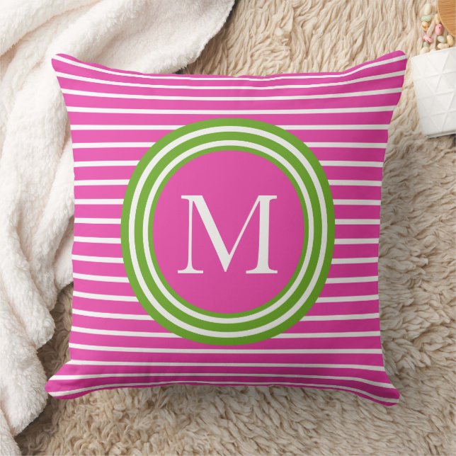 Preppy roze en groene streep monogram kussen (Deken)
