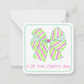 Preppy Roze en Groene Stripe Bow Gepersonaliseerd Notitiekaartje (Voorkant)