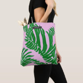 Preppy roze en groene tropische palmbladeren tote bag (Dichtbij)