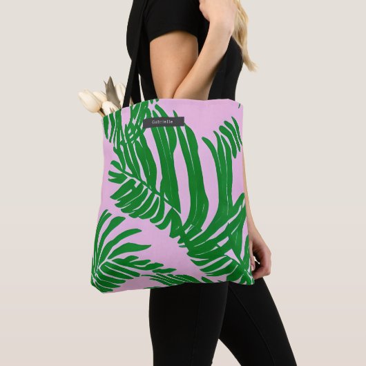 Preppy roze en groene tropische palmbladeren tote bag (Dichtbij)