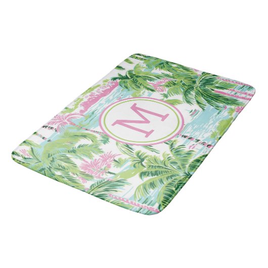 Preppy Roze en Groene Tropische Palmbomen Monogram Badmat (Gekanteld)
