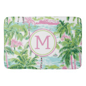 Preppy Roze en Groene Tropische Palmbomen Monogram Badmat (Voorkant)