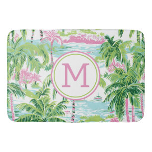 Preppy Roze en Groene Tropische Palmbomen Monogram Badmat
