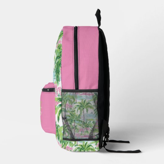 Preppy Roze en Groene Tropische Palmbomen Monogram Bedrukte Rugzak (Rechts)