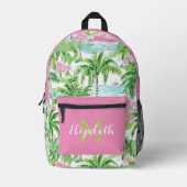 Preppy Roze en Groene Tropische Palmbomen Monogram Bedrukte Rugzak (Voorkant)