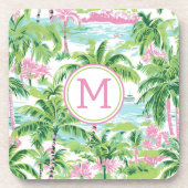 Preppy Roze en Groene Tropische Palmbomen Monogram Bier Onderzetter (Voorkant)