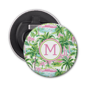 Preppy Roze en Groene Tropische Palmbomen Monogram Button Flesopener