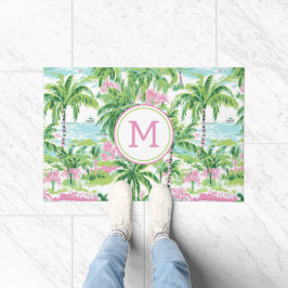 Preppy Roze en Groene Tropische Palmbomen Monogram Deurmat