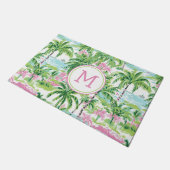 Preppy Roze en Groene Tropische Palmbomen Monogram Deurmat (Schuin)