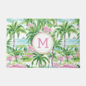 Preppy Roze en Groene Tropische Palmbomen Monogram Deurmat (Voorkant)