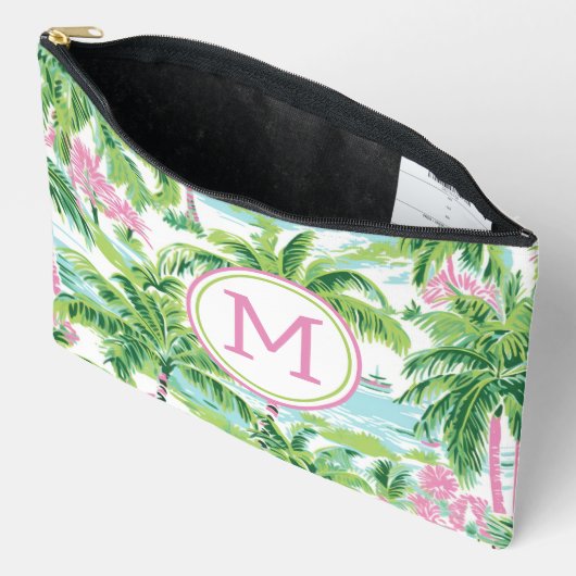 Preppy Roze en Groene Tropische Palmbomen Monogram Etui (Open)