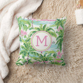 Preppy Roze en Groene Tropische Palmbomen Monogram Kussen