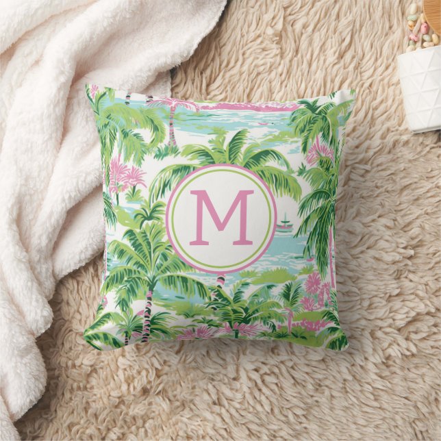 Preppy Roze en Groene Tropische Palmbomen Monogram Kussen (Deken)
