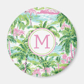 Preppy Roze en Groene Tropische Palmbomen Monogram Magneet (Voorkant)