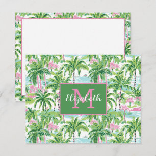 Preppy Roze en Groene Tropische Palmbomen Monogram Notitiekaartje