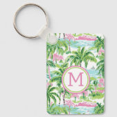 Preppy Roze en Groene Tropische Palmbomen Monogram Sleutelhanger (Voorkant)