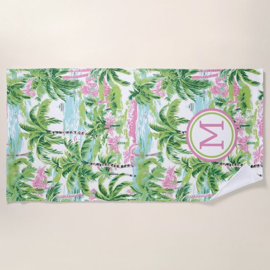 Preppy Roze en Groene Tropische Palmbomen Monogram Strandlaken (Voorkant)