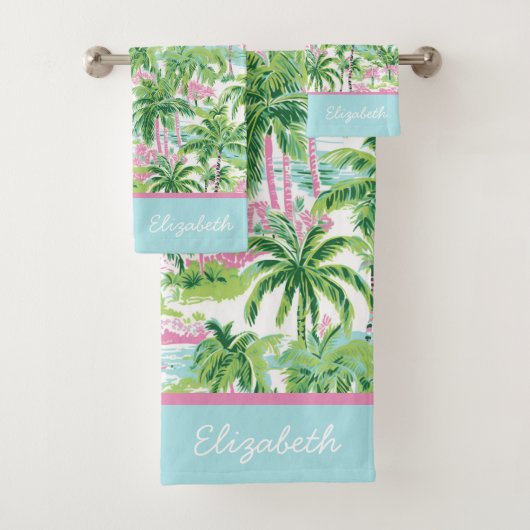 Preppy roze en groene tropische palmboom bad handdoek (Insitu)