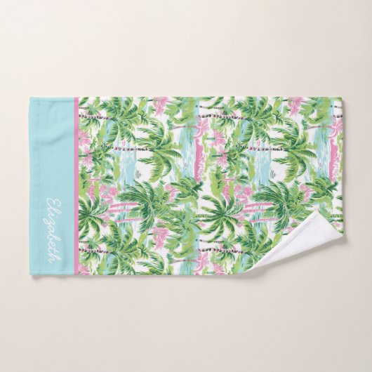 Preppy roze en groene tropische palmboom bad handdoek (Handdoek)