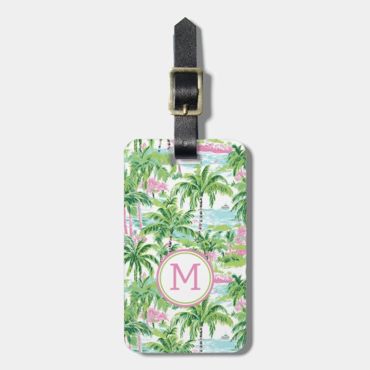 Preppy roze en groene tropische palmboom bagagelabel (Voorkant verticaal)