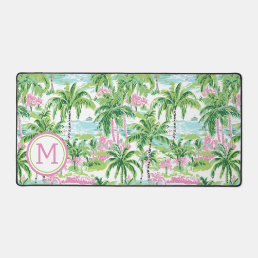 Preppy Roze en Groene Tropische Palmboom Monogram Bureaumat (Voorkant)