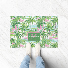 Preppy Roze en Groene Tropische Palmboom Monogram Deurmat