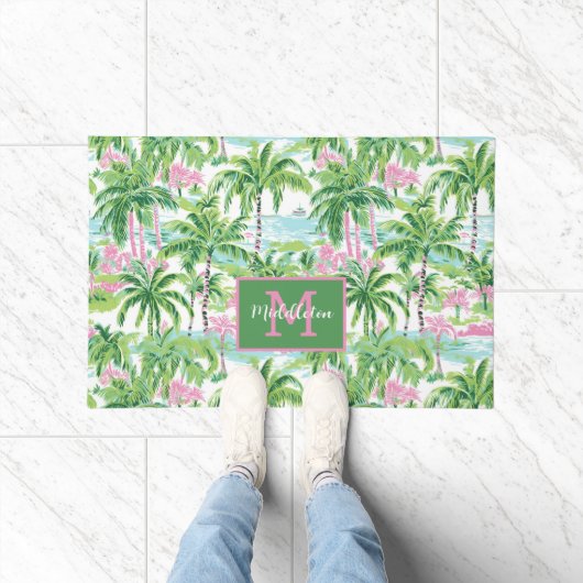 Preppy Roze en Groene Tropische Palmboom Monogram Deurmat (Binnen)