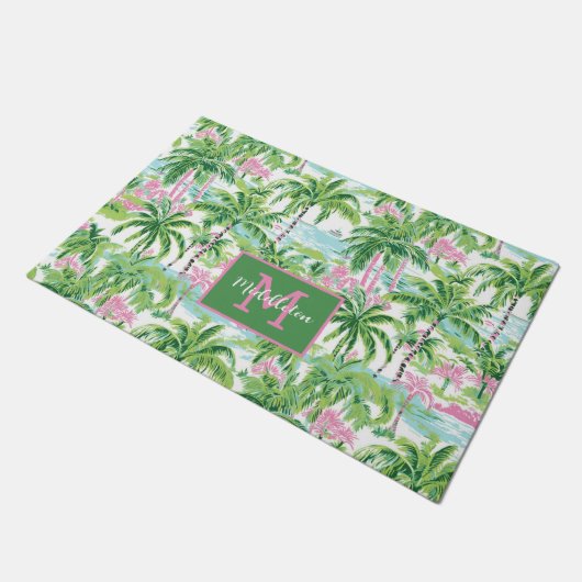 Preppy Roze en Groene Tropische Palmboom Monogram Deurmat (Schuin)