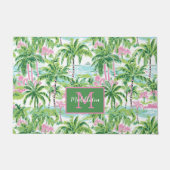 Preppy Roze en Groene Tropische Palmboom Monogram Deurmat (Voorkant)