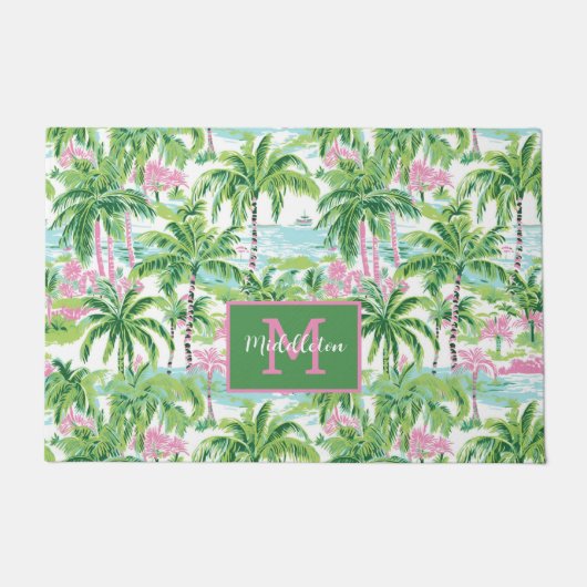 Preppy Roze en Groene Tropische Palmboom Monogram Deurmat (Voorkant)