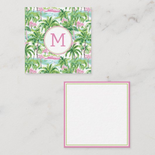 Preppy Roze en Groene Tropische Palmboom Monogram Notitiekaartje (Voorkant / Achterkant)