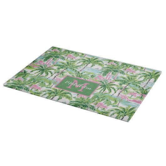 Preppy Roze en Groene Tropische Palmboom Monogram Snijplank (Hoek)