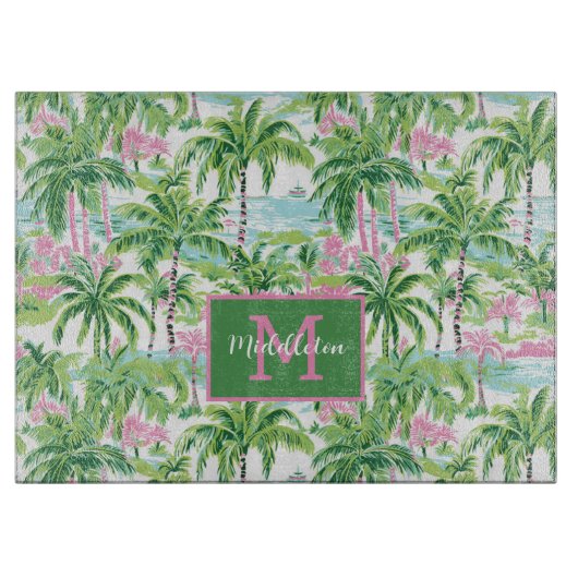 Preppy Roze en Groene Tropische Palmboom Monogram Snijplank (Voorkant)