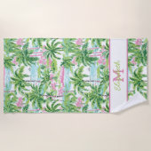 Preppy Roze en Groene Tropische Palmboom Monogram Strandlaken (Voorkant)