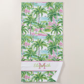 Preppy Roze en Groene Tropische Palmboom Monogram Strandlaken (Voorkant)