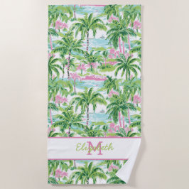 Preppy Roze en Groene Tropische Palmboom Monogram Strandlaken
