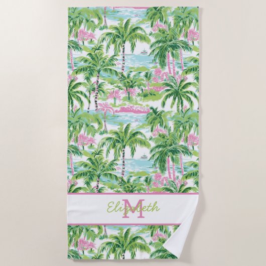Preppy Roze en Groene Tropische Palmboom Monogram Strandlaken (Voorkant)