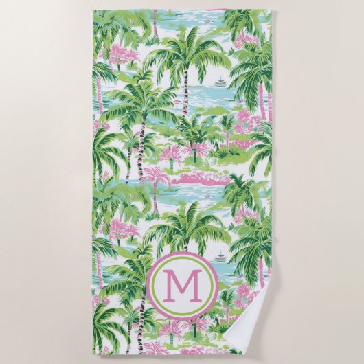 Preppy Roze en Groene Tropische Palmboom Monogram Strandlaken (Voorkant)