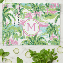 Preppy Roze en Groene Tropische Palmboom Monogram Theedoek