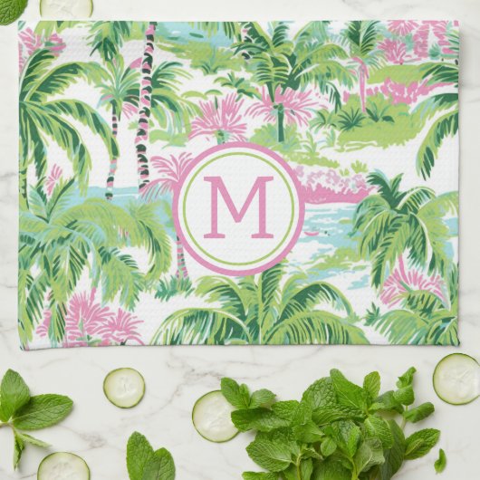 Preppy Roze en Groene Tropische Palmboom Monogram Theedoek (Gevouwen)
