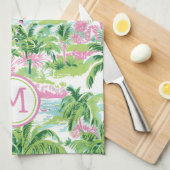 Preppy Roze en Groene Tropische Palmboom Monogram Theedoek (Quarter Fold)