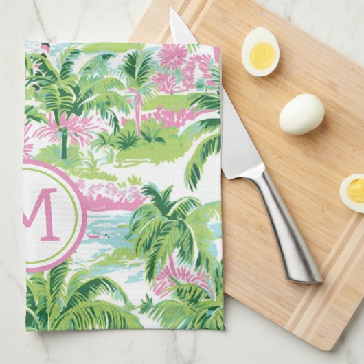 Preppy Roze en Groene Tropische Palmboom Monogram Theedoek (Quarter Fold)