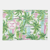 Preppy Roze en Groene Tropische Palmboom Monogram Theedoek (Horizontaal)
