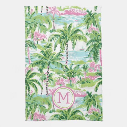 Preppy Roze en Groene Tropische Palmboom Monogram Theedoek (Verticaal)