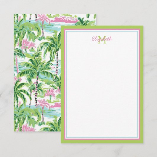 Preppy roze en groene tropische palmboom notitiekaartje (Voorkant / Achterkant)