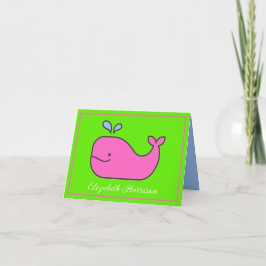 Preppy roze en groene walvis gepersonaliseerd notitiekaartje (Voorkant)